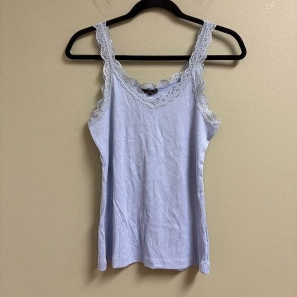 Splash Womens Y2K Blue Lace Trim Ribbed Tank Top Size XL Flirty Coquette Stretch - Picture 1 of 8